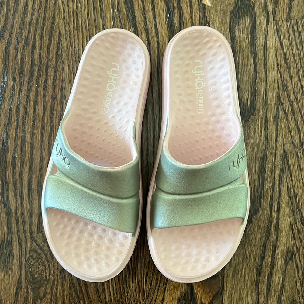 Women’s Ryka Slides- Pink and Gold Like New Size  8